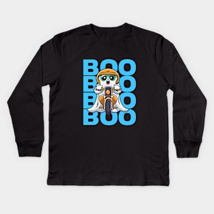 Spooky Ghost Boo riding a motorcycle funny halloween Kids Long Sleeve T-Shirt